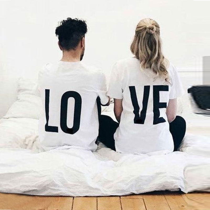 OMSJ Valentine Couple T Shirt Funny LOVE Letter Print Cotton Clothes Summer Lovers T Shirts Clothes Women & Men O Neck Top Tees