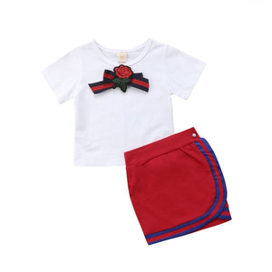 Pudcoco Girls Uniform Newborn Kid Baby Girls Clothes Sets Bow Flower Tie Tops T-shirt Short Mini Skirt Party Wedding Tutu Dress