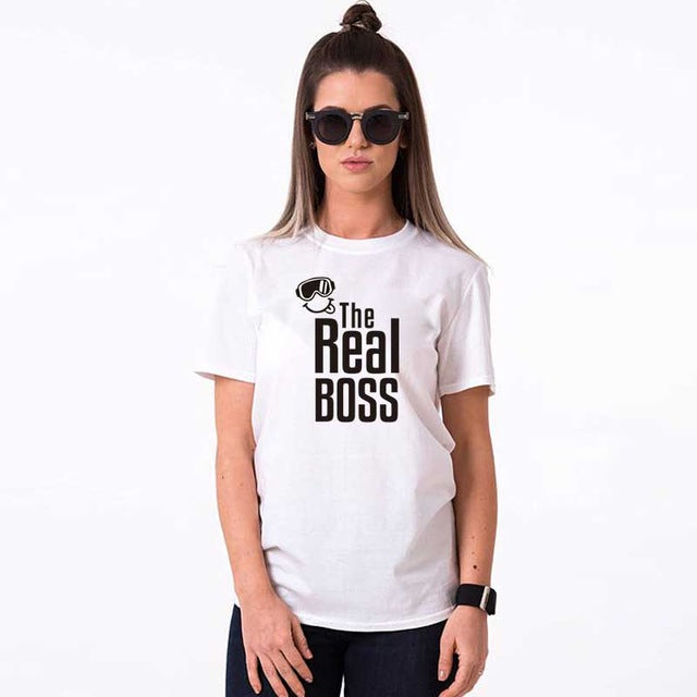 THE REAL BOSS smile couple t shirt for husband and wife lover tee shirt femme family clothes men women ulzzang valentine korean