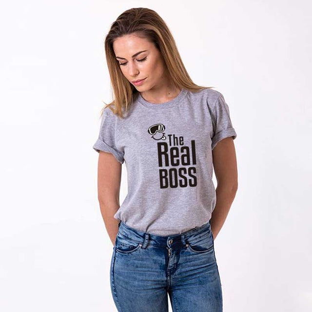 THE REAL BOSS smile couple t shirt for husband and wife lover tee shirt femme family clothes men women ulzzang valentine korean