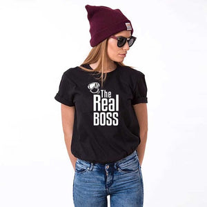 THE REAL BOSS smile couple t shirt for husband and wife lover tee shirt femme family clothes men women ulzzang valentine korean